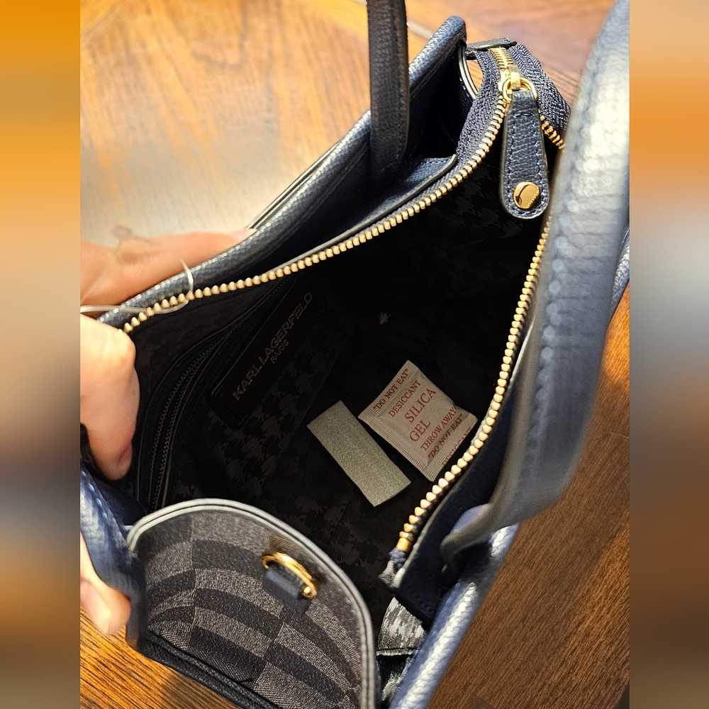 Karl Lagerfeld Navy Blue and Gray Checkered 2-Way Tote - NWT - Picture 4 of 5